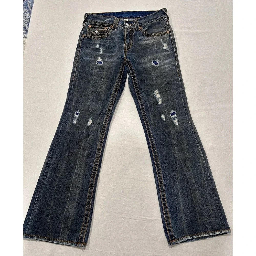 True Religion Big T Red Bootcut Distressed Gray/Blue Battleground 30 X 31 Jeans